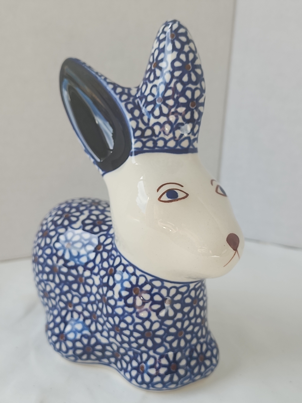 Boleslawiec Polish Pottery Blue White Bunny Rabbit 6.5" Tall Figurine Signed